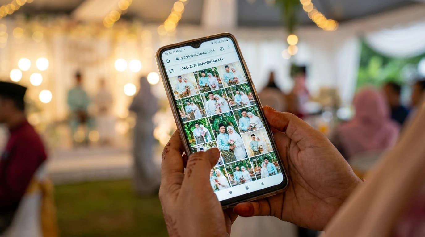 Galeri foto majlis pada skrin laptop